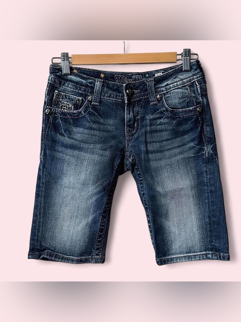 Miss Me Dark Blue Washed Denim Ankle-Length Bermuda Shorts